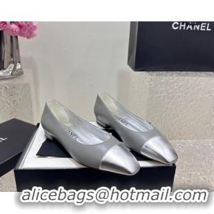 Duplicate Chanel Lambskin & Metallic Calfskin Ballet Flat Grey/Silver 425036