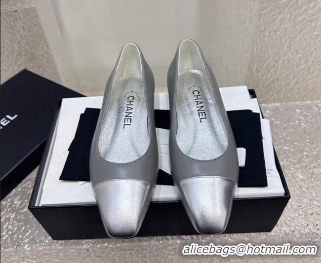 Duplicate Chanel Lambskin & Metallic Calfskin Ballet Flat Grey/Silver 425036