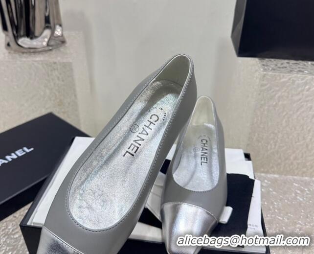 Duplicate Chanel Lambskin & Metallic Calfskin Ballet Flat Grey/Silver 425036