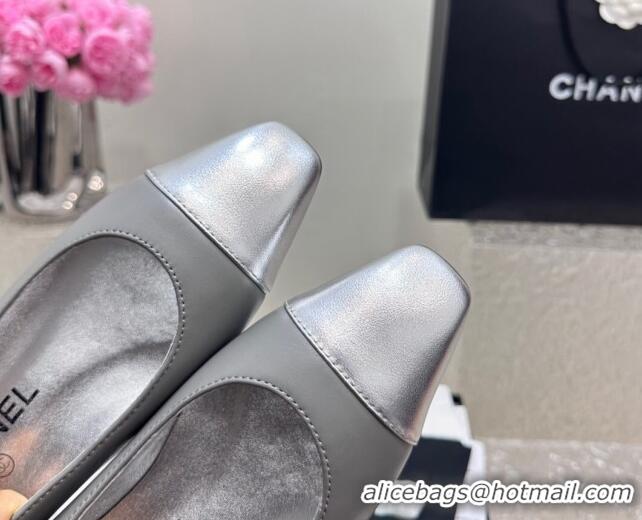 Duplicate Chanel Lambskin & Metallic Calfskin Ballet Flat Grey/Silver 425036