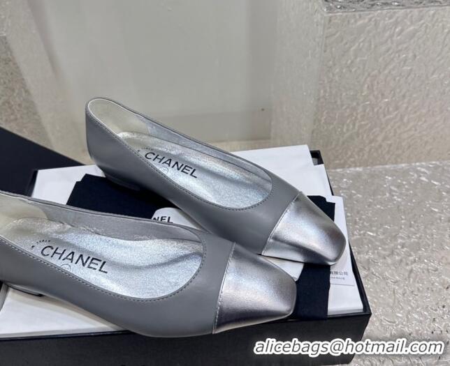 Duplicate Chanel Lambskin & Metallic Calfskin Ballet Flat Grey/Silver 425036