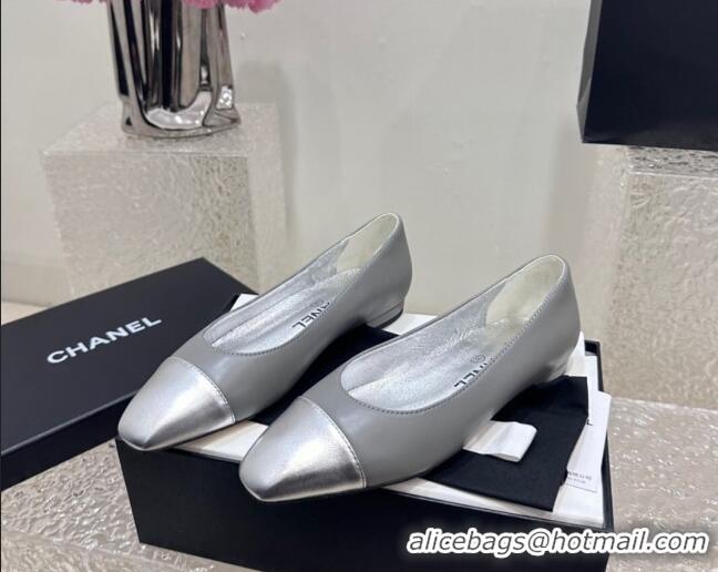 Duplicate Chanel Lambskin & Metallic Calfskin Ballet Flat Grey/Silver 425036