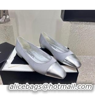 Sophisticated Chanel Satin & Metallic Calfskin Ballet Flat Grey/Silver 425037