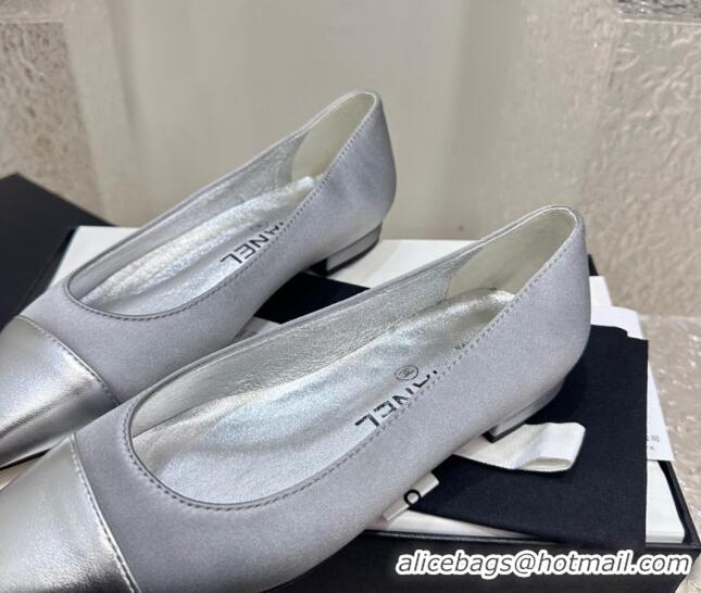 Sophisticated Chanel Satin & Metallic Calfskin Ballet Flat Grey/Silver 425037