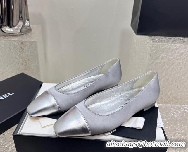 Sophisticated Chanel Satin & Metallic Calfskin Ballet Flat Grey/Silver 425037