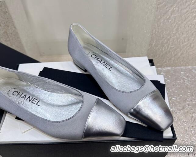 Sophisticated Chanel Satin & Metallic Calfskin Ballet Flat Grey/Silver 425037