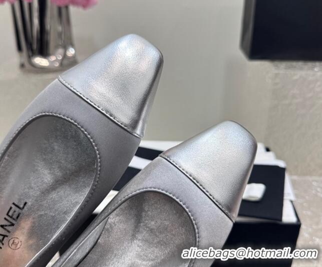 Sophisticated Chanel Satin & Metallic Calfskin Ballet Flat Grey/Silver 425037