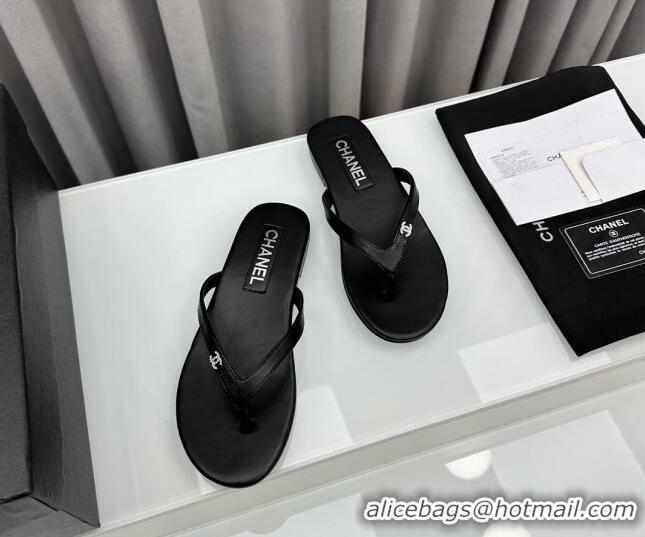 Perfect Chanel Lambskin Flat Thong Slide Sandals with Crystal CC G45716 Black 425038