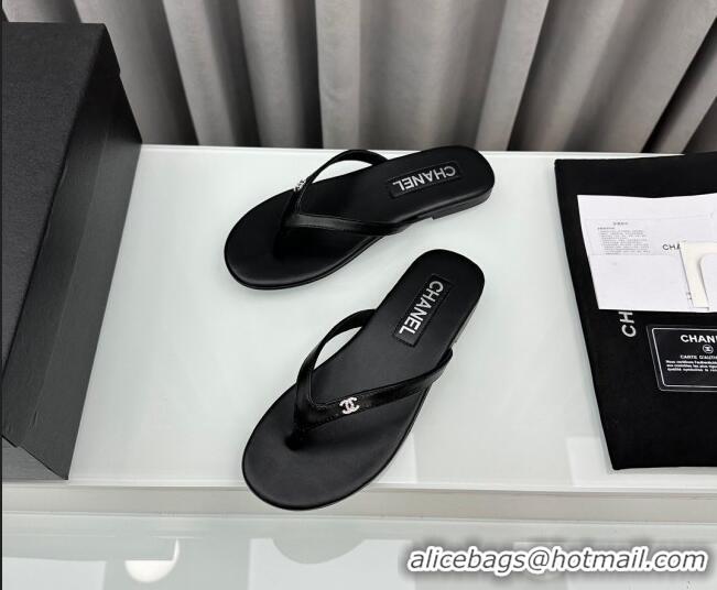 Perfect Chanel Lambskin Flat Thong Slide Sandals with Crystal CC G45716 Black 425038