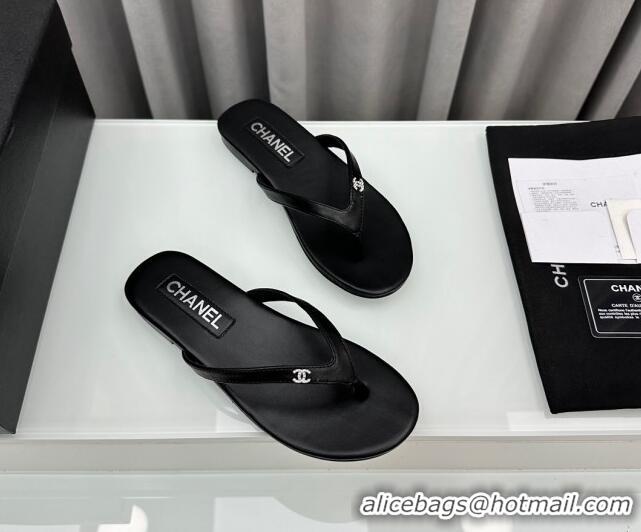 Perfect Chanel Lambskin Flat Thong Slide Sandals with Crystal CC G45716 Black 425038