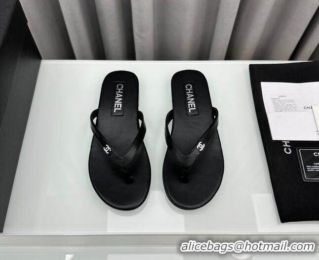 Perfect Chanel Lambskin Flat Thong Slide Sandals with Crystal CC G45716 Black 425038