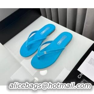 Pretty Style Chanel Velvet Flat Thong Slide Sandals with Crystal CC G45716 Light Blue 425040