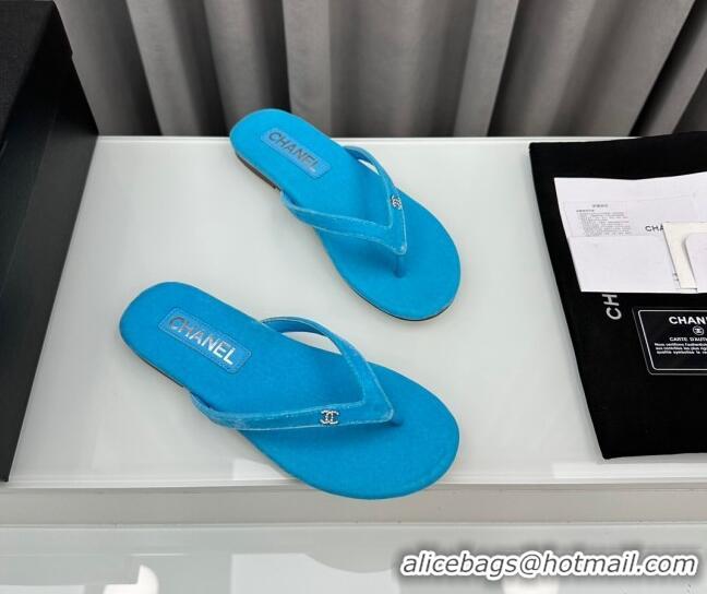 Pretty Style Chanel Velvet Flat Thong Slide Sandals with Crystal CC G45716 Light Blue 425040