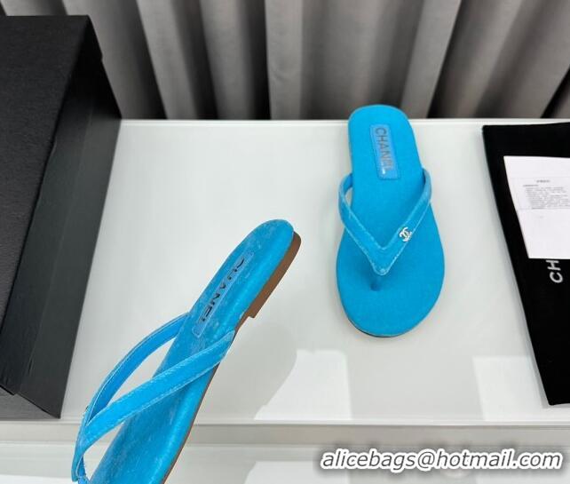 Pretty Style Chanel Velvet Flat Thong Slide Sandals with Crystal CC G45716 Light Blue 425040