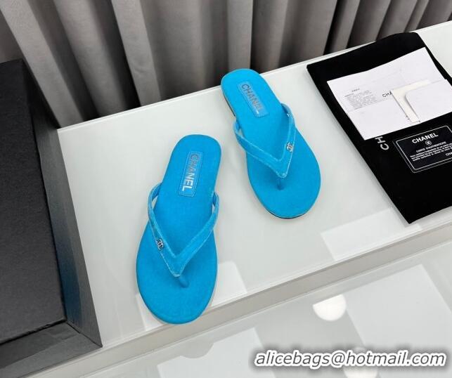 Pretty Style Chanel Velvet Flat Thong Slide Sandals with Crystal CC G45716 Light Blue 425040