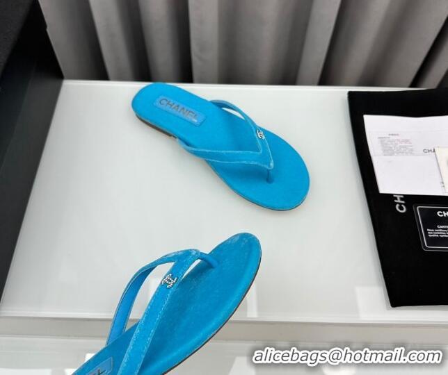 Pretty Style Chanel Velvet Flat Thong Slide Sandals with Crystal CC G45716 Light Blue 425040