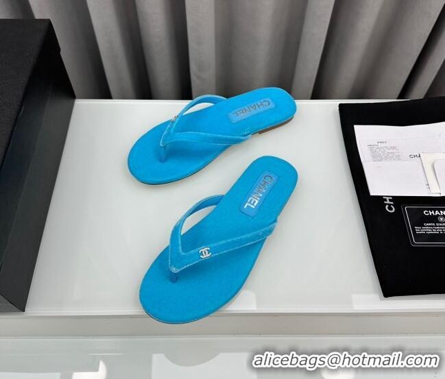 Pretty Style Chanel Velvet Flat Thong Slide Sandals with Crystal CC G45716 Light Blue 425040