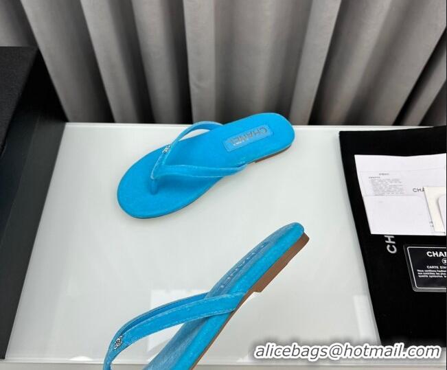 Pretty Style Chanel Velvet Flat Thong Slide Sandals with Crystal CC G45716 Light Blue 425040