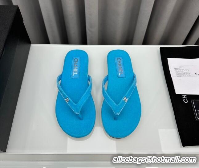 Pretty Style Chanel Velvet Flat Thong Slide Sandals with Crystal CC G45716 Light Blue 425040