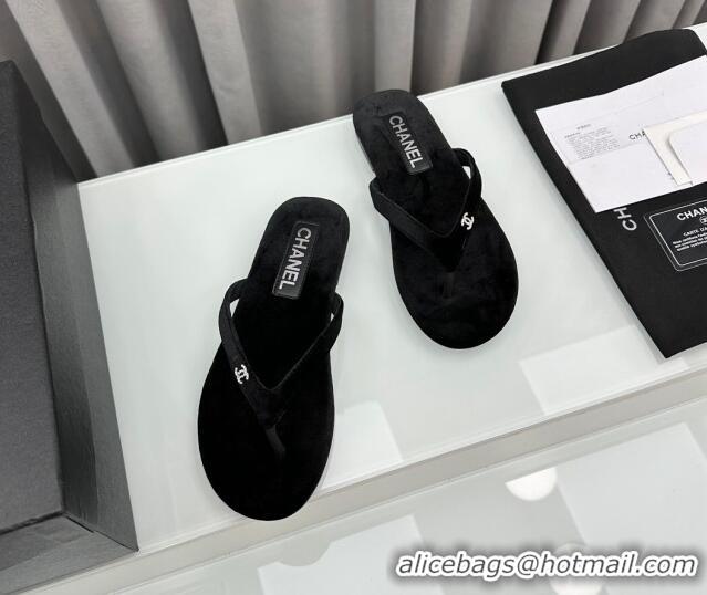 Good Quality Chanel Velvet Flat Thong Slide Sandals with Crystal CC G45716 Black 425041