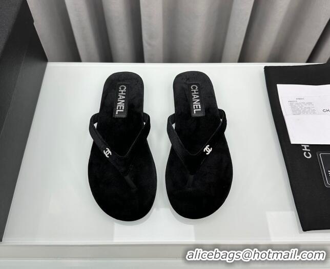 Good Quality Chanel Velvet Flat Thong Slide Sandals with Crystal CC G45716 Black 425041