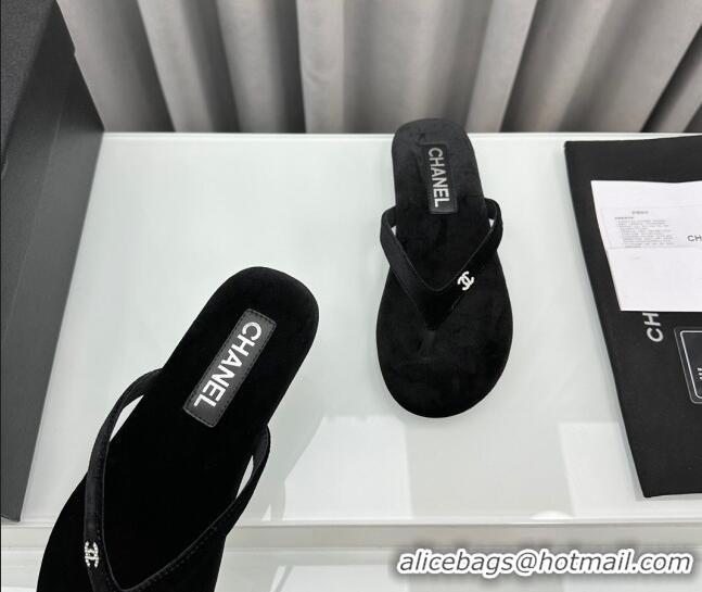 Good Quality Chanel Velvet Flat Thong Slide Sandals with Crystal CC G45716 Black 425041