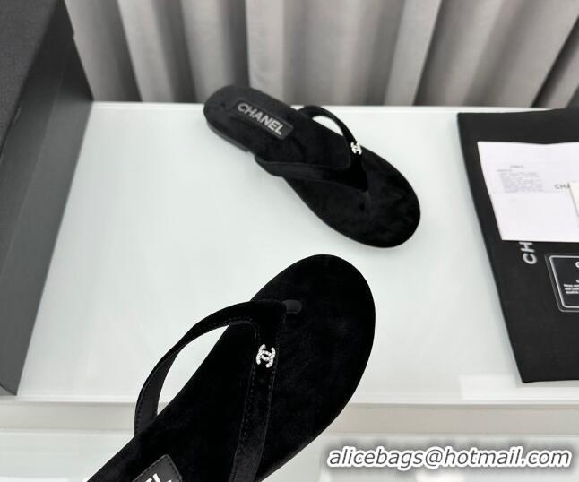 Good Quality Chanel Velvet Flat Thong Slide Sandals with Crystal CC G45716 Black 425041