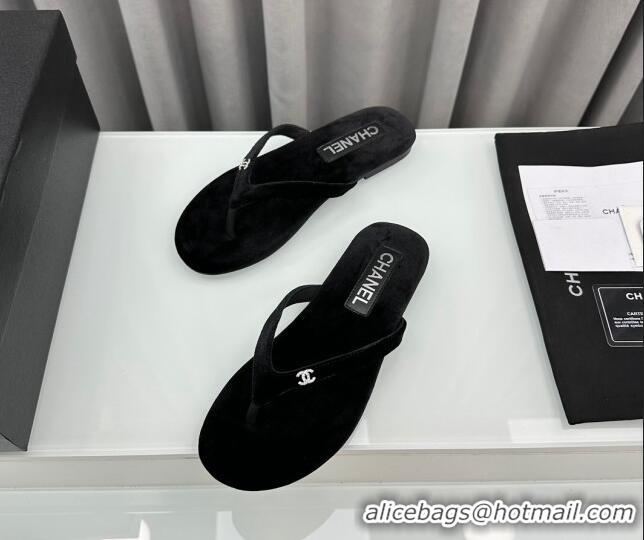 Good Quality Chanel Velvet Flat Thong Slide Sandals with Crystal CC G45716 Black 425041