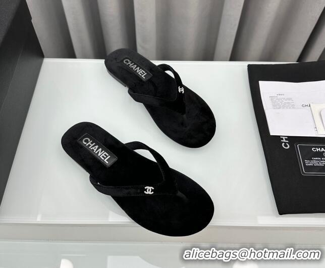 Good Quality Chanel Velvet Flat Thong Slide Sandals with Crystal CC G45716 Black 425041