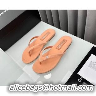 Low Cost Chanel Velvet Flat Thong Slide Sandals with Crystal CC G45716 Peachy Pink 425042