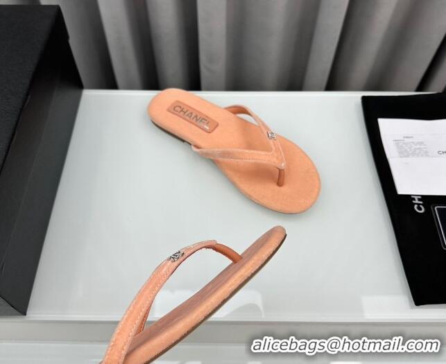 Low Cost Chanel Velvet Flat Thong Slide Sandals with Crystal CC G45716 Peachy Pink 425042