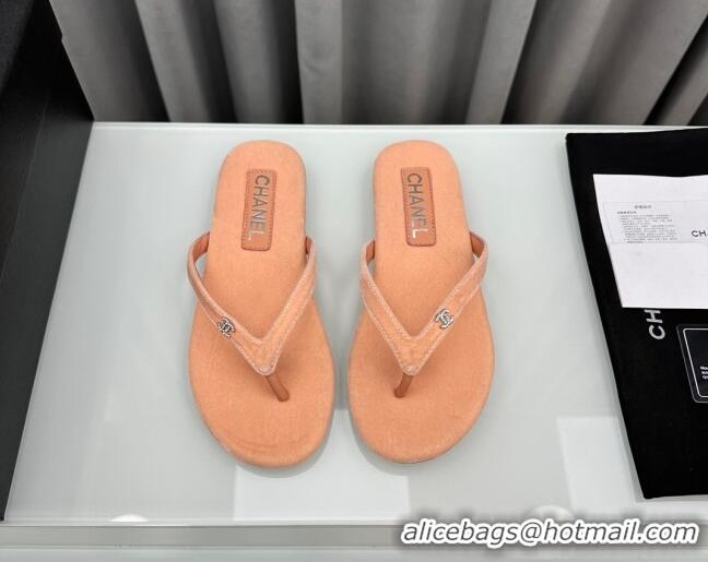 Low Cost Chanel Velvet Flat Thong Slide Sandals with Crystal CC G45716 Peachy Pink 425042