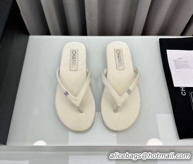 Best Price Chanel Velvet Flat Thong Slide Sandals with Crystal CC G45716 White 425043