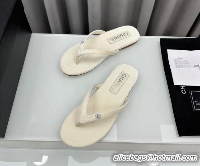 Best Price Chanel Velvet Flat Thong Slide Sandals with Crystal CC G45716 White 425043