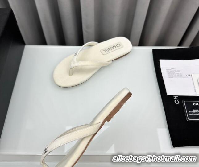 Best Price Chanel Velvet Flat Thong Slide Sandals with Crystal CC G45716 White 425043