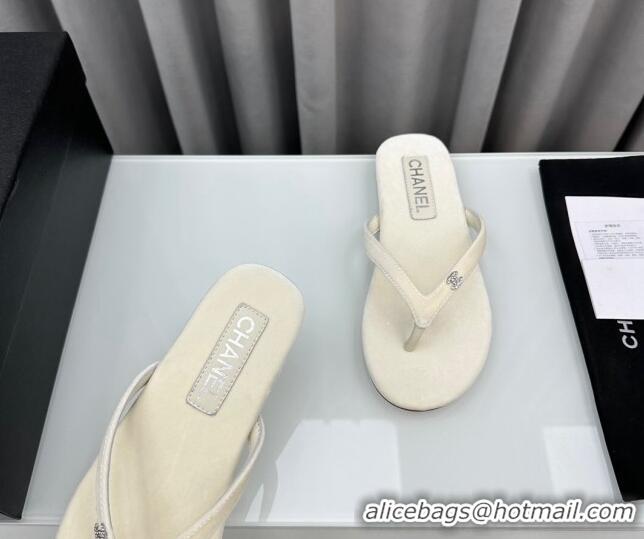 Best Price Chanel Velvet Flat Thong Slide Sandals with Crystal CC G45716 White 425043