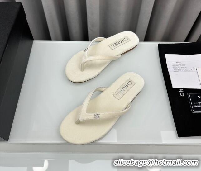 Best Price Chanel Velvet Flat Thong Slide Sandals with Crystal CC G45716 White 425043