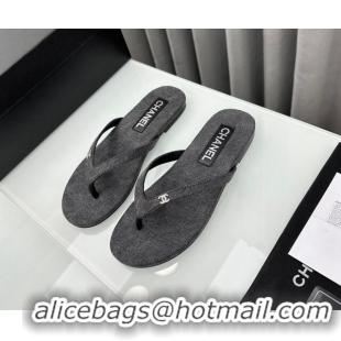 Best Grade Chanel Cotton Flat Thong Slide Sandals with Crystal CC G45716 Dark Grey 425044