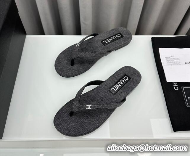 Best Grade Chanel Cotton Flat Thong Slide Sandals with Crystal CC G45716 Dark Grey 425044