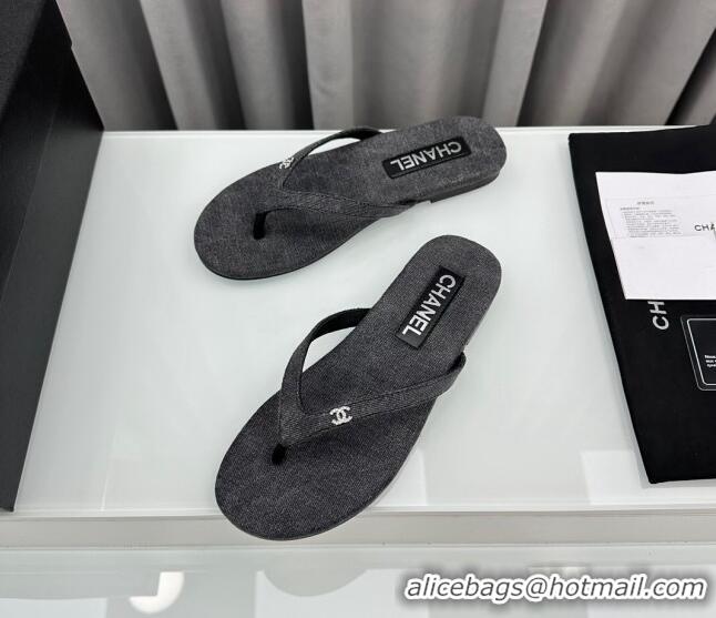 Best Grade Chanel Cotton Flat Thong Slide Sandals with Crystal CC G45716 Dark Grey 425044