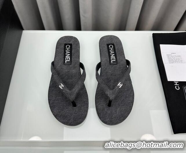 Best Grade Chanel Cotton Flat Thong Slide Sandals with Crystal CC G45716 Dark Grey 425044