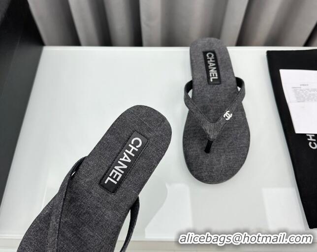 Best Grade Chanel Cotton Flat Thong Slide Sandals with Crystal CC G45716 Dark Grey 425044