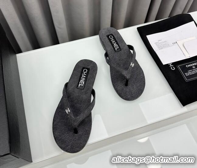 Best Grade Chanel Cotton Flat Thong Slide Sandals with Crystal CC G45716 Dark Grey 425044