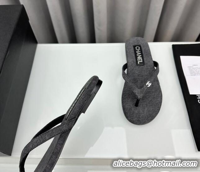 Best Grade Chanel Cotton Flat Thong Slide Sandals with Crystal CC G45716 Dark Grey 425044