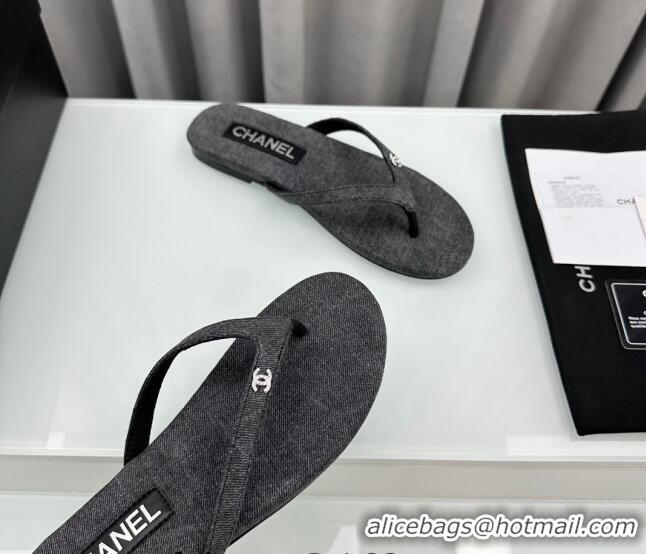 Best Grade Chanel Cotton Flat Thong Slide Sandals with Crystal CC G45716 Dark Grey 425044