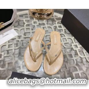 Unique Style Chanel Leather Flat Thong Slide Sandals with Crystal CC Beige 425045