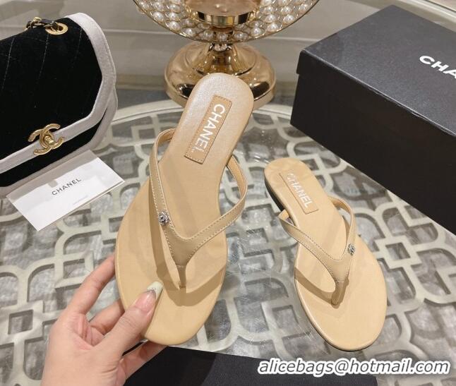 Unique Style Chanel Leather Flat Thong Slide Sandals with Crystal CC Beige 425045