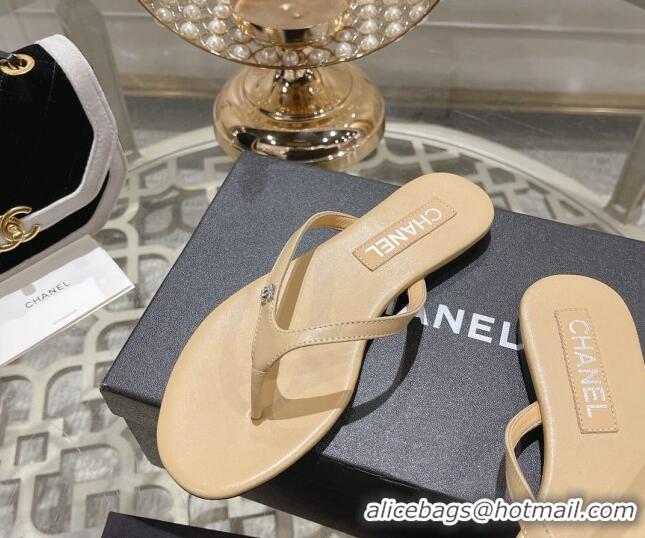 Unique Style Chanel Leather Flat Thong Slide Sandals with Crystal CC Beige 425045