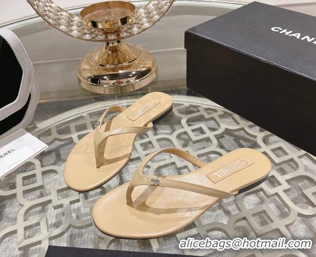 Unique Style Chanel Leather Flat Thong Slide Sandals with Crystal CC Beige 425045