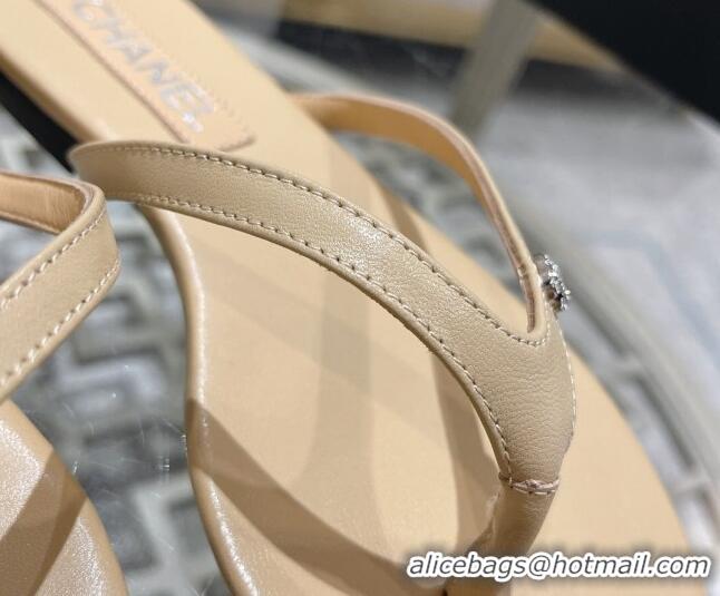 Unique Style Chanel Leather Flat Thong Slide Sandals with Crystal CC Beige 425045